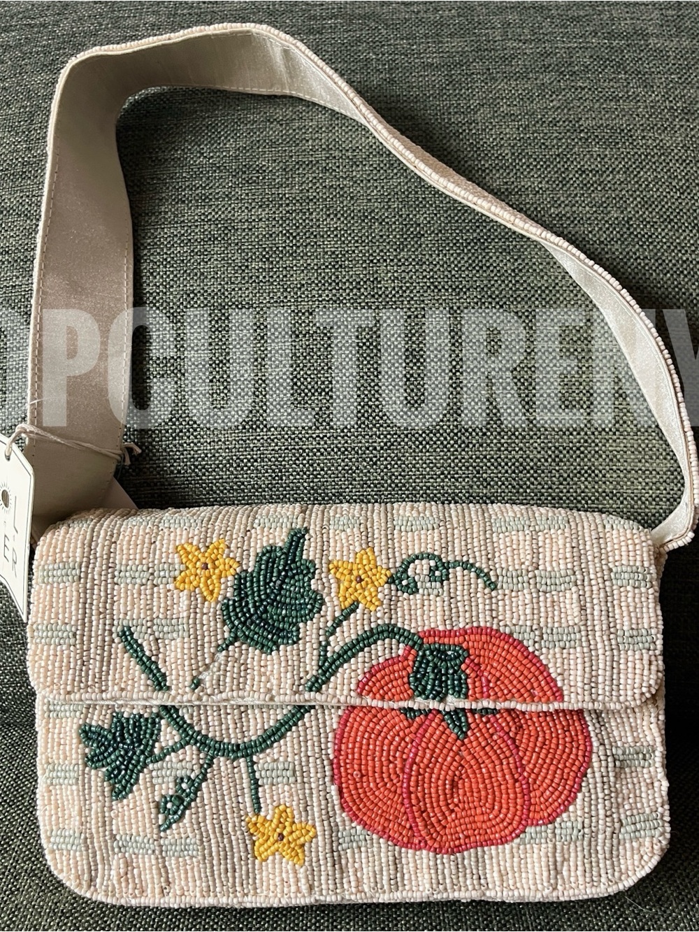 Beaded Pumpkin Motif Crossbody Bag - Cream/Orange